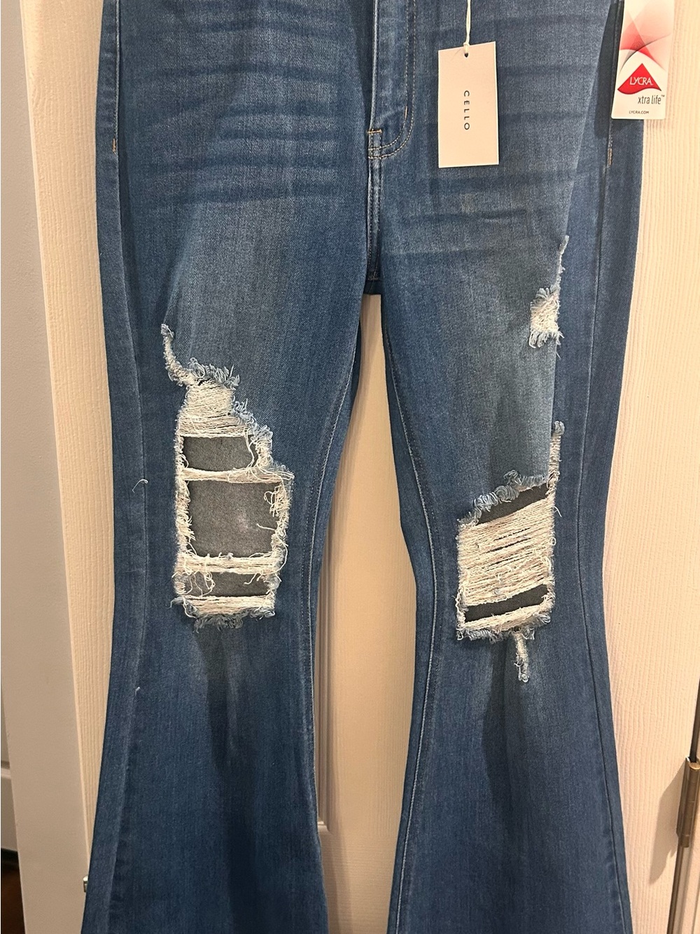 Cello Blue Distressed Flare Jeans with Ripped Details